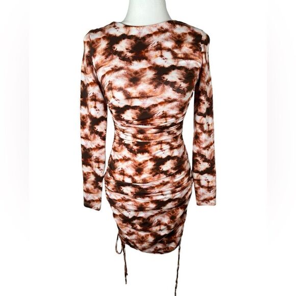 Tiger Mist Riri Brown & Rust Red Print Bodycon Long Sleeved Ruched Dress - Picture 4 of 9